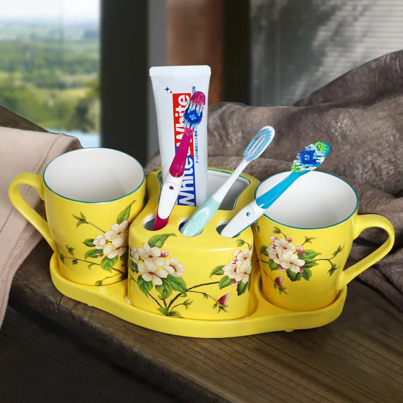 

Bathroom Accessories Set Chinese Ceramic Toothbrush Holder Gargle Cups With Tray Flower and Bird Painting Marry Birthday Present