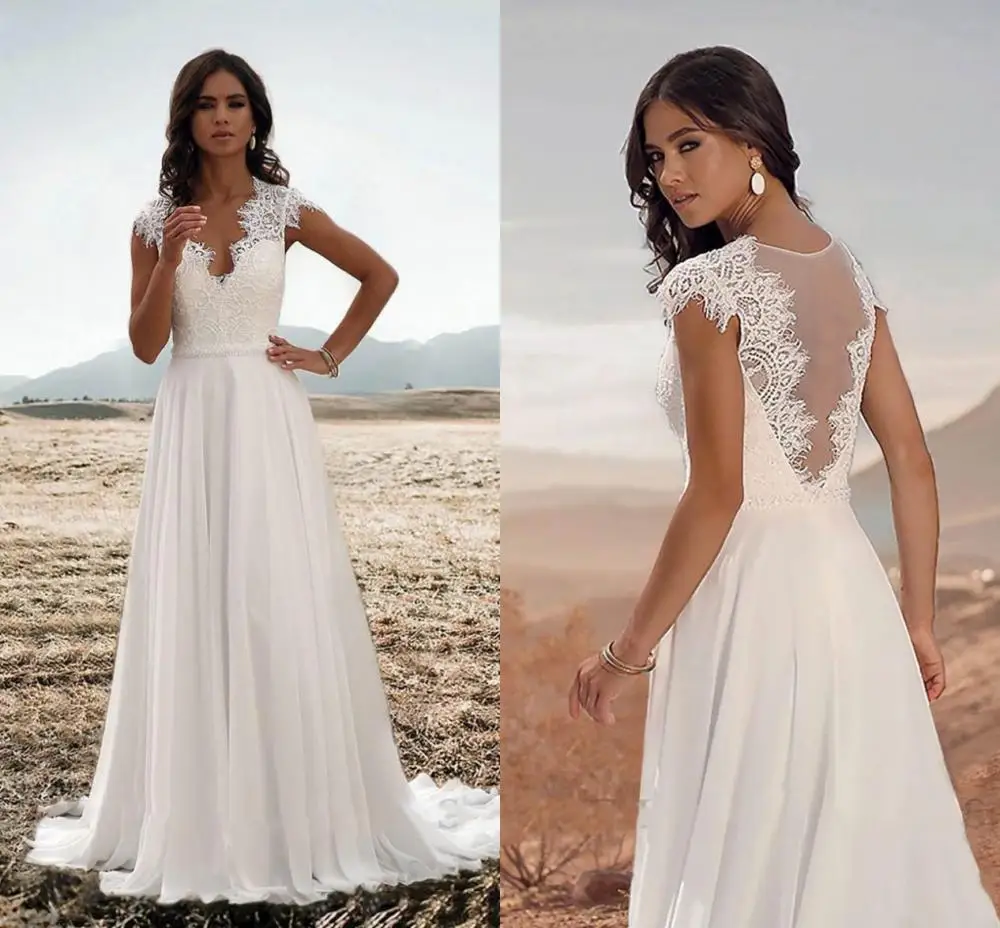 Novo verão boho vestido de casamento 2023 v pescoço apliques rendas ilusão vintage voltar vestidos noiva chiffon longo