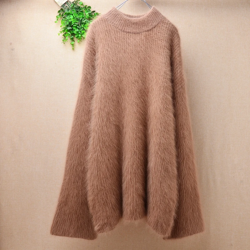 ladies women hairy fluffy angora rabbit fur turtleneck long flare sleeves loose lazy oaf pullover mink cashmere jumper sweater