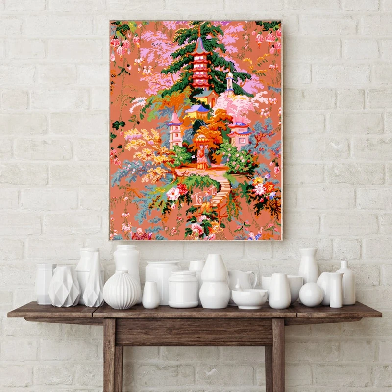 Peonies Cherry Blossom Chinoiserie Wall Art Canvas Painting Asian Traditional Vintage Illustration Picture Poster Prints Decor