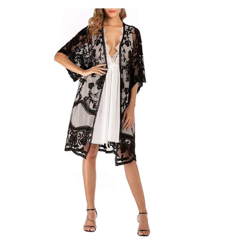 Sexy Beach Bikini Cover up Dress Solido Pizzo Floreale Costume Da Bagno Coperture per Le Donne Più Il Formato Prospettiva Femminile della Protezione Solare Cardigan