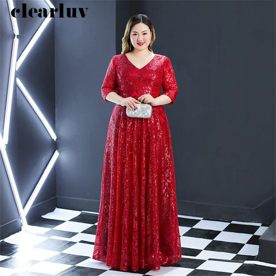 Sequins Evening Dress Burgundy Plus Size Women Party Dresses 2019 T255 V-neck Robe De Soiree Three Quarter Sleeve Evening Gowns