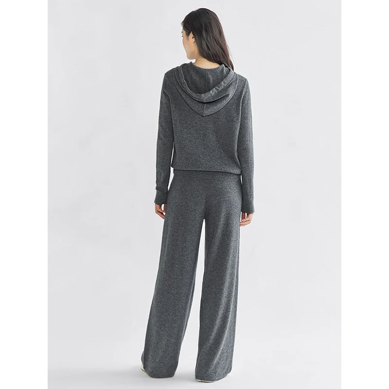 Autumn Winter Women's Knitted Suit Solid Hooded Knit Top High Waist Wide Leg Pants Two-Piece Sets Female Outfit Ladies Pantsuit