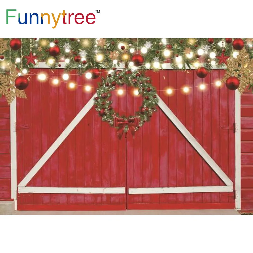 Funnytree Christmas Party Happy New Year Red Wood Barn Winter Background Lights Wreath Bells Event Festival Photocall Backdrop