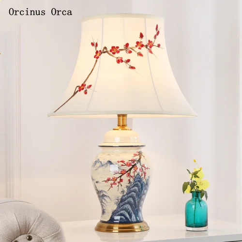 

Chinese creative ceramic desk lamp living room study bedroom bedside lamp modern luxury LED color painting lotus cloth desk lamp