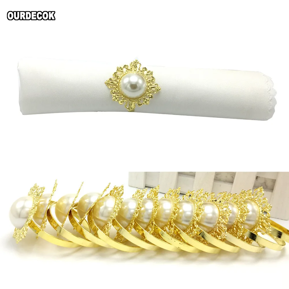 

50pcs/lot Golden Antique Fauxl Pearl Napkin Rings Serviette Holder For Wedding Party Banquet Adornment