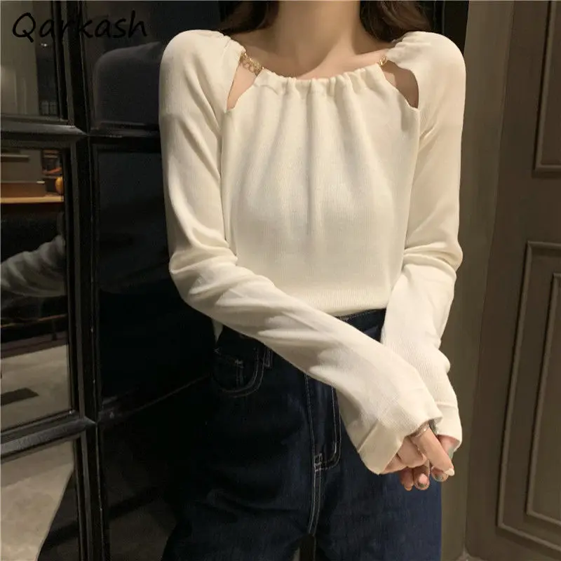 

Sweater Women Long Sleeve Chic Elegant Solid Hollow Out Korean Female Knitwear Autumn All-match Basic Stylish Girls Outerwear