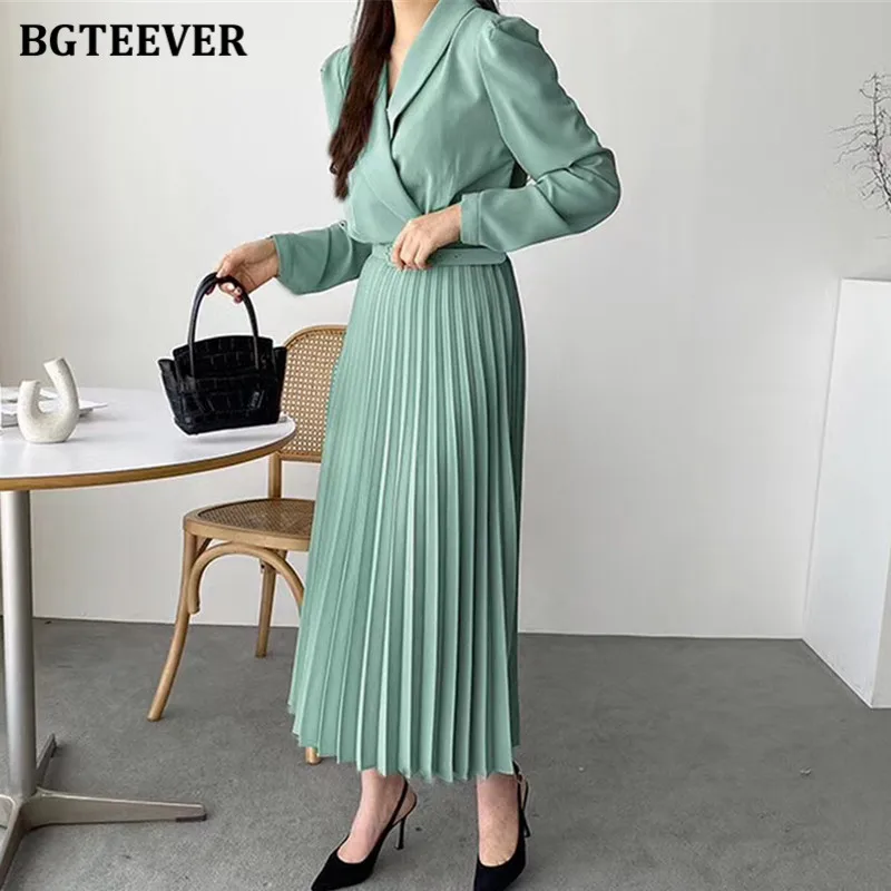 BGTEEVER Spring Chic Ladies Pleated Dress Elegant Lapel Women Mid-length Vestidos Long Sleeve Belted Summer Female Dress 2021