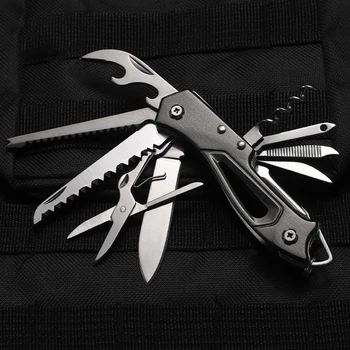 กลางแจ้งมัลติฟังก์ชั่มีดสวิส Camp Multitool ที่เปิดขวดมีดพับแบบพกพากรรไกรเลื่อยทหารพับมีดพกพา