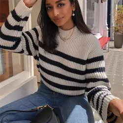 Horizontal Striped White Sweater Stand Collar Batwing Sleeve Female Casual Loose-fitting Pullover 2021 Woman Office Lady