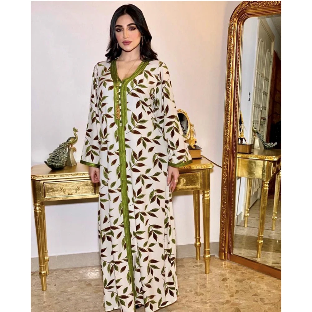 

Dubai Printed Long Dress Muslim Women Abaya V-neck Casual Islamic Clothing Ramadan Kaftan Vestido Loose Middle East Robe Gown