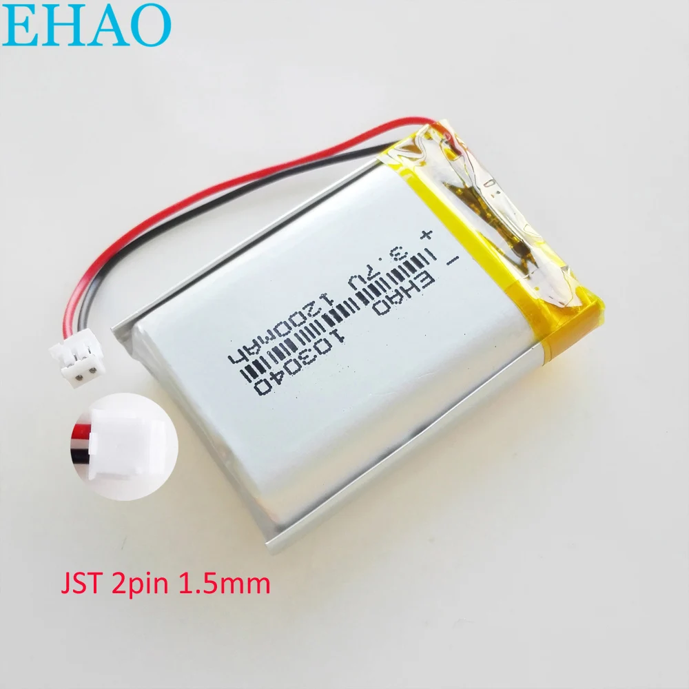 3.7V 1200mAh litowo-polimerowa LiPo akumulator 103040 + wtyk JST 2Pin 1.5mm do MP3 GPS DVD aparat telefoniczny Ledlight