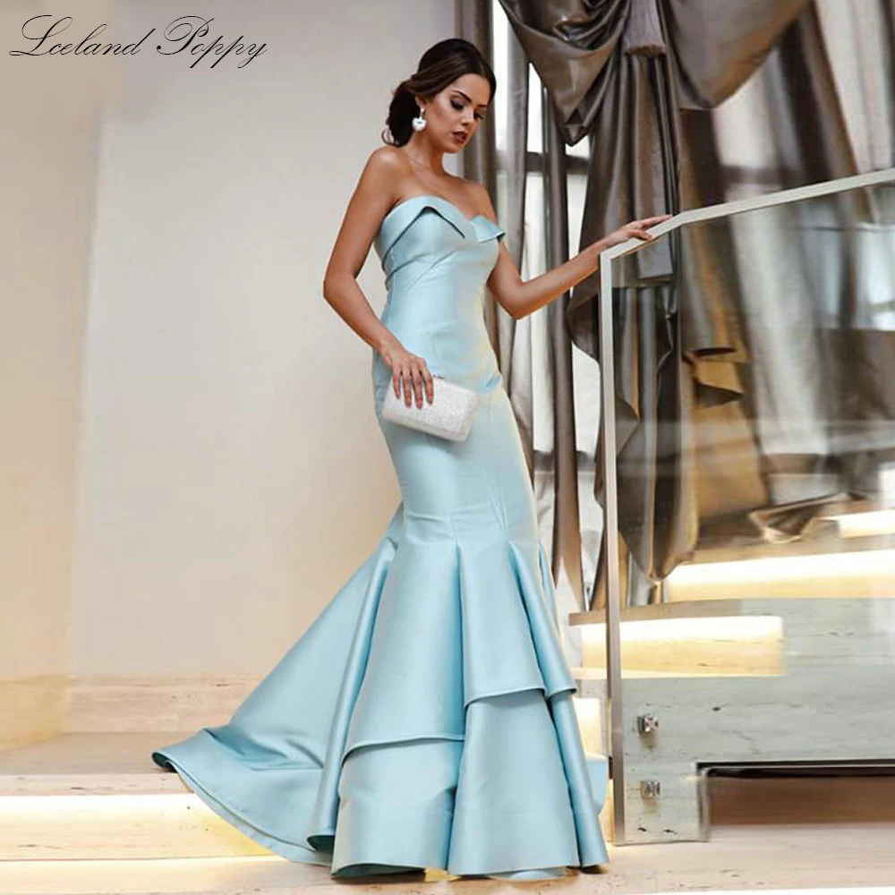 Lceland papoula elegante strapless sereia cetim vestidos de noite sem mangas até o chão formal vestidos de noite em camadas robe de soiree