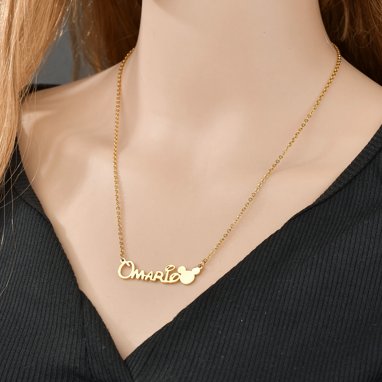 Goxijite Customized Name Necklace For Women Kid Cartoon Mickey Personalized Nameplate Stainless Steel Necklaces Party Gift