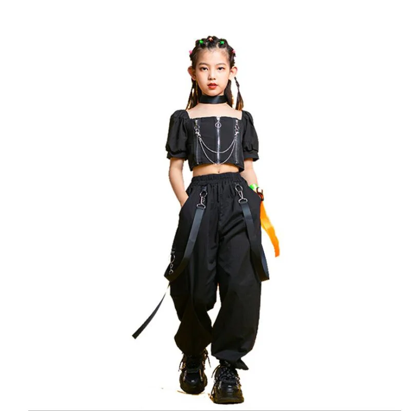 Kinder Punk Hip Hop Kleidung Square Neck Puff Sleeve Crop T Hemd Plissee Netz Rock Hose Für Mädchen Jazz Dance kostüm Set Kleidung