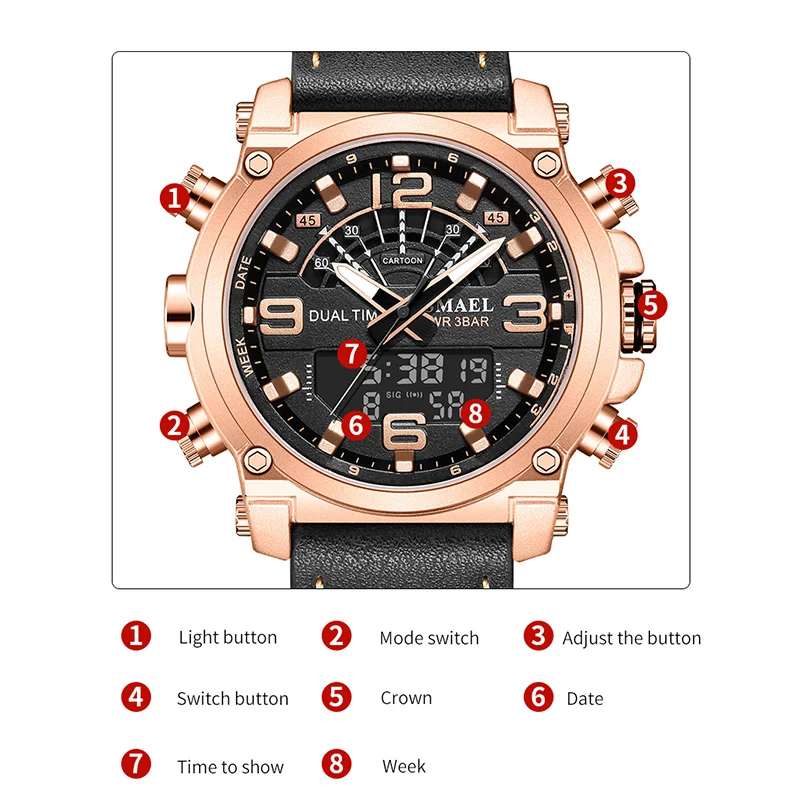 Men Luxury Watch Quartz Bracelet 30M Waterproof Luminous Hands Male Clock SL-6012 Quartz Wristwatches With Digital Display Time