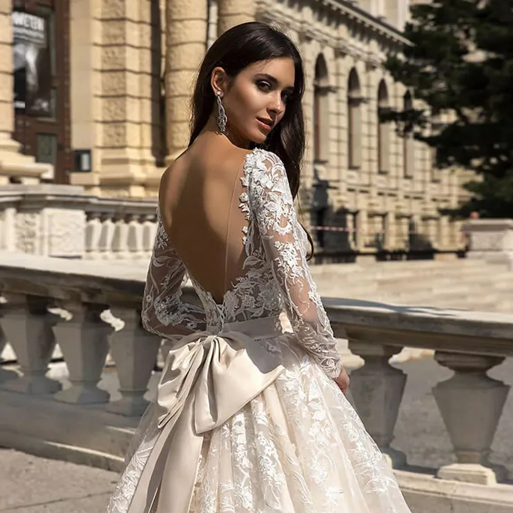 Robe De Mariage Long Sleeve Wedding Dress Backless Luxury Hochzeitskleid Appliques Tulle Princess Vestidos De Noiva Bridal Gowns