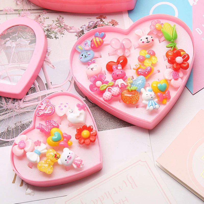 Resin Cartoon Rings For Girl Children Dress Up Accessories Party Kids Toy Random Color Cute Candy Scrub Gift Boxed Set New