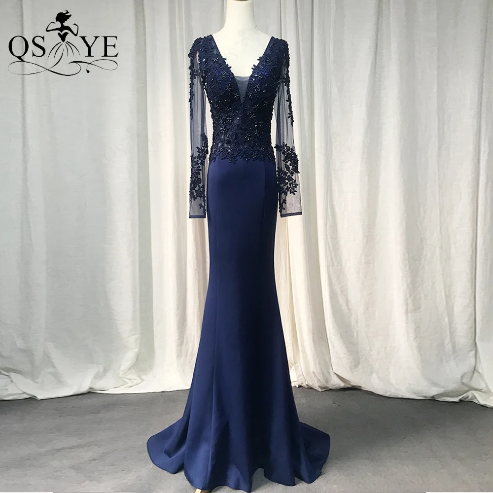 Qsyye Marine Ballkleid lange Ärmel dehnbare Meerjungfrau Applikationen Spitze Frauen formelle Party kleid elegant V-Ausschnitt dunkel blau Abendkleid