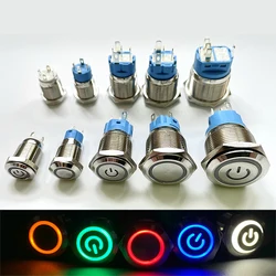 Chave de botão de metal 12/16/19 / 22mm Travamento momentâneo Fixo Ligado Desligado Interruptor de alimentação Luz LED 3V 6V 12V 24V 220V