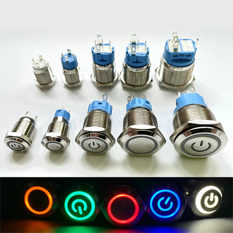 12/16/19/22mm metalowy przełącznik wciskany chwilowy zatrzask naprawiony On Off wyłącznik zasilania LED Light 3V 6V 12V 24V 220V