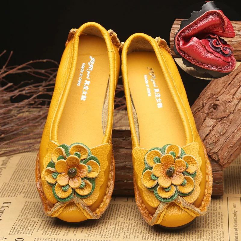 Ethnic Style Handmade Flower Girls Shoes  Fashion  Breathable  Genuine Leather  Women  Flats In Outdoor 2021