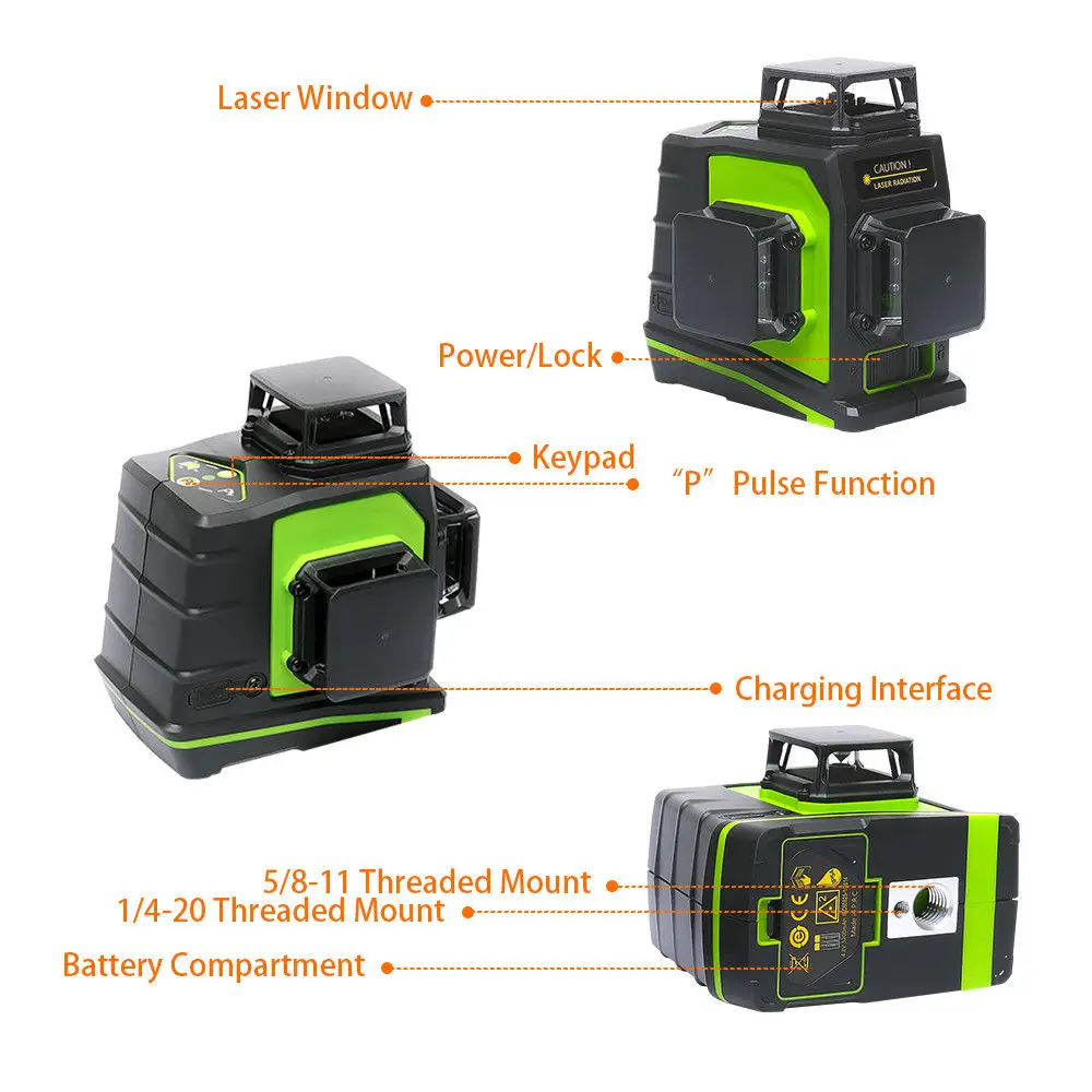 Huepar 3D Cross Line Laser Level 360 Self-leveling 12 Lines Green Beam Measure Tools Includes LR-6RG Digital LCD Laser Receiver