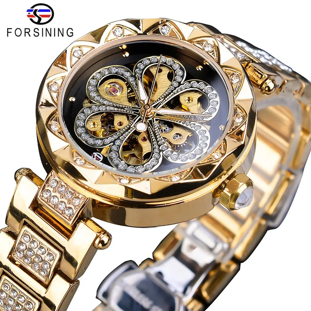 Forsining Golden Machanical Female Watch Automatic Top Brand Luxury Diamond Womens Watch Luminous Hands Waterproof Casual Clock