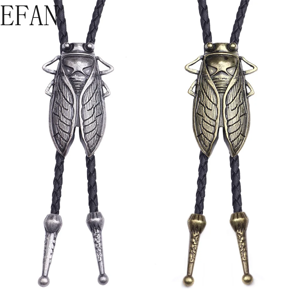 แฟชั่นเครื่องประดับ Bolo Tie ใหม่เสื้อ Retro Chain Cicada Bicolor รู้ว่า Poirot เชือกหนังสร้อยคอยาวจี้สร้อยคอ