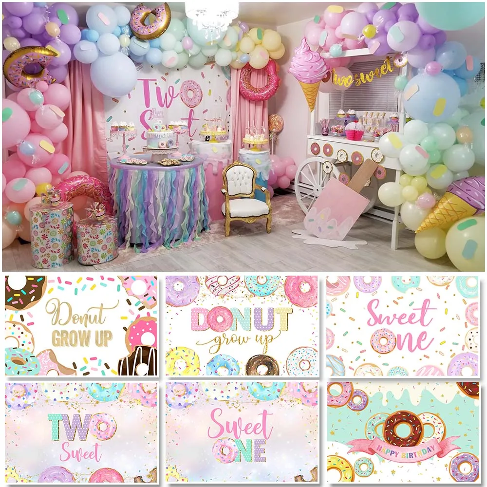

Donuts Sweet Two 1st Birthday Party Backdrop for Photography Baby Shower Girl Decor Banner Photo Props Studio Booth Background