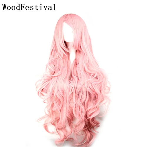Imagen 2 del producto Pelucas de pelo sintético para mujer, peluca rosa larga barata de 100CM con flequillo, pelucas onduladas para Cosplay, fiesta de Halloween, amarillo, morado y negro