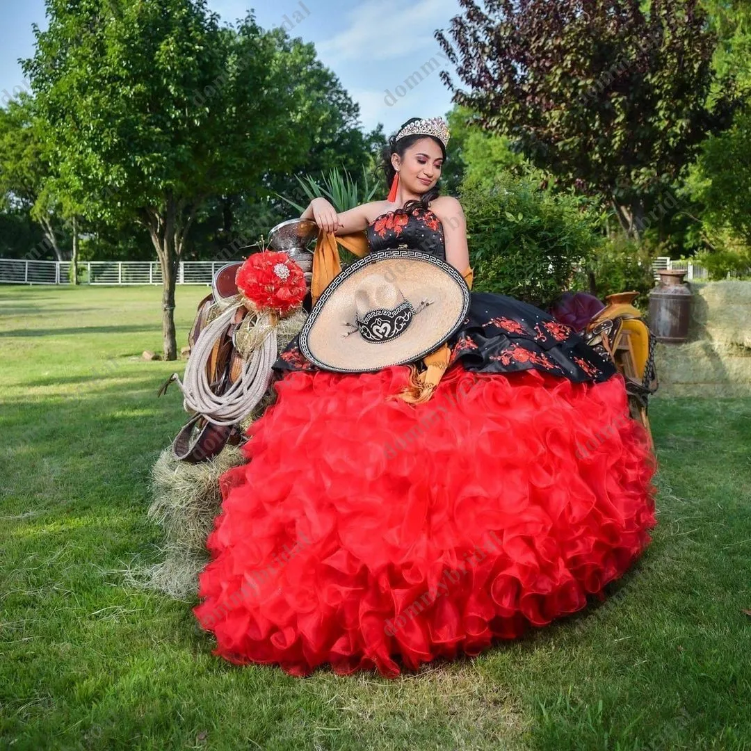 Robe De bal en Satin rouge et noir, brodée, à volants, sans bretelles, bon marché