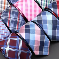 Cravate à carreaux pour hommes, 7cm, décontractée, Slim, rouge, bleu, mode, bande en Polyester, Business, Slim, accessoires de chemise, cadeau