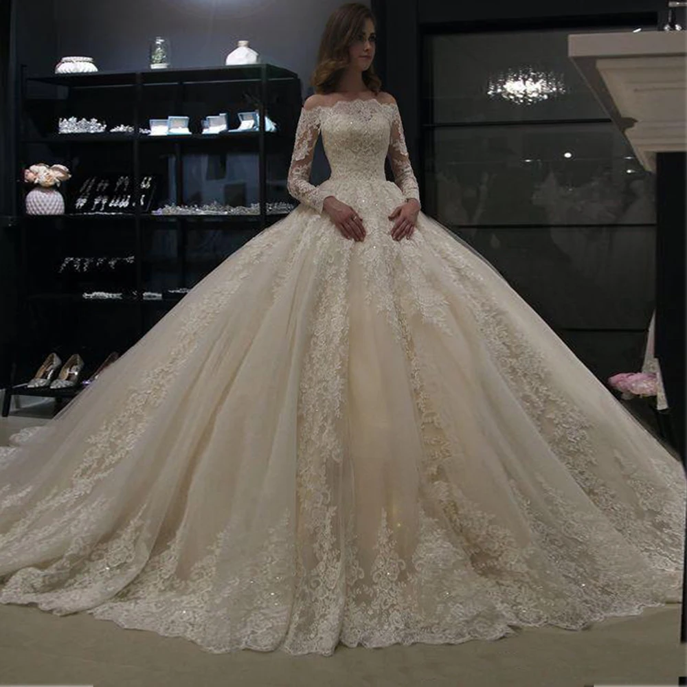 Women Marriage Wedding Dress Long Sleeves Appliques Beaded Bridal Gown Customized Formal Party Bride Marriage Ball Gown Clothes