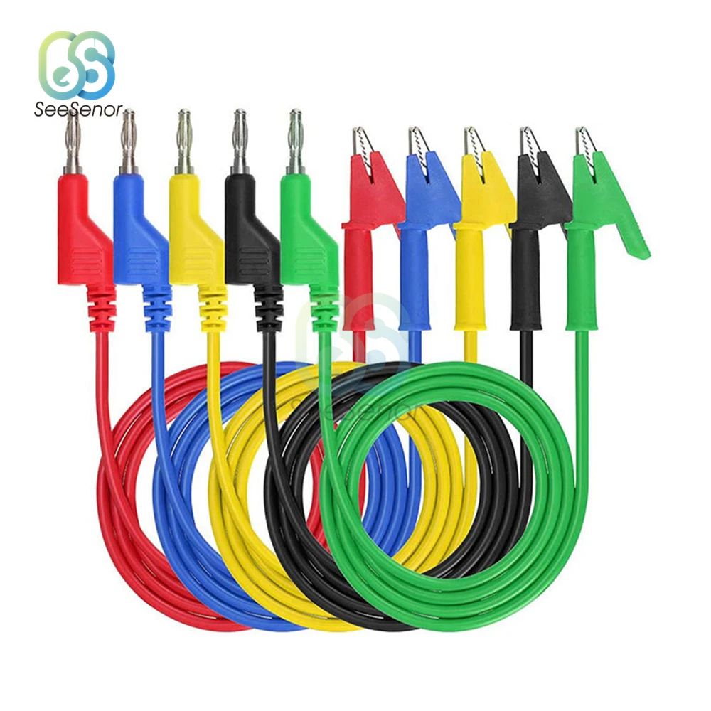 5pcs/set Test Probe Kit Alligator Clip to 4mm Banana Plug Multimeter Test Lead 19A/1000V Cable Length 1M