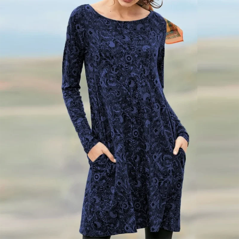 Retro Floral Print Women Dress Long Sleeve O Neck Pocket A-Line Party Dress 2021 Autumn Winter Casual Loose Knee Dresses Vestido