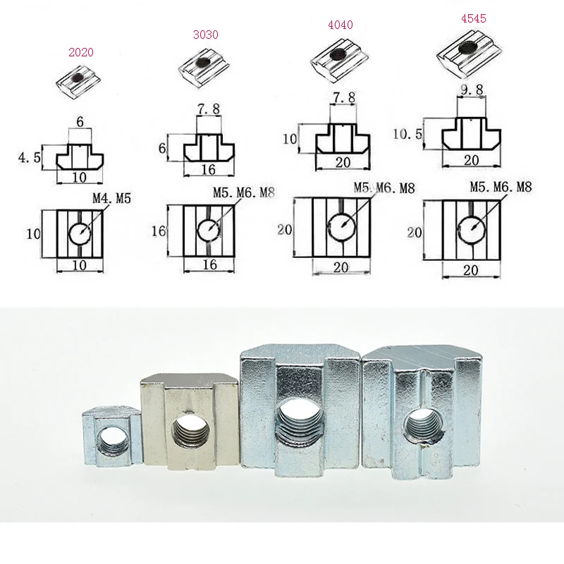 Tuerca cuadrada para perfil de aluminio, conjunto de roscas cuadradas, martillo deslizante t-track M3 M4 M5 M6 M8 M10 2020 3030 4040 4545