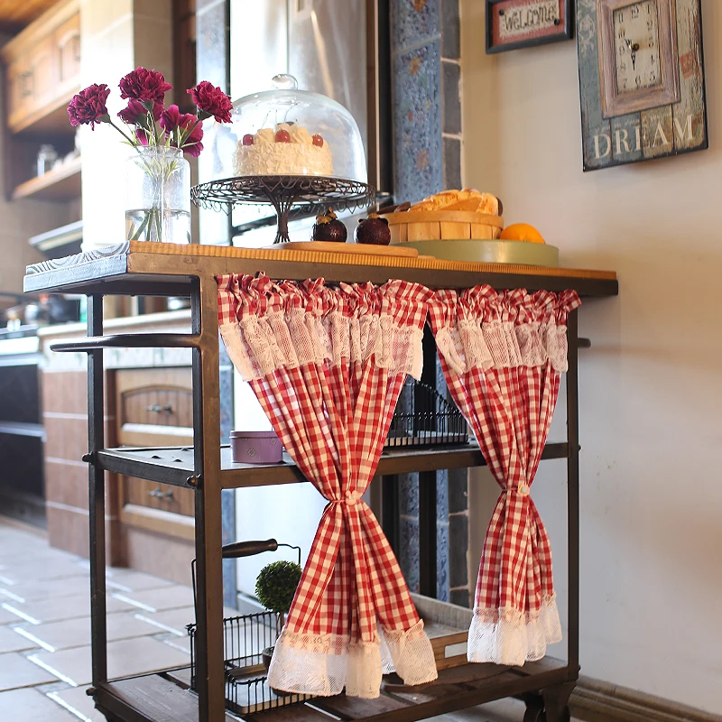 American style Mediterranean lace small dustproof curtain cabinet door curtain small fresh red lattice half curtain