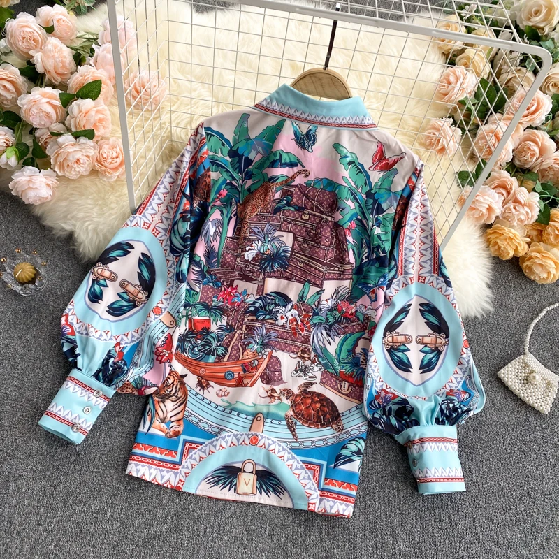 2021 Spring Two Piece Set Women\'s Suit Turn-down Colla Long Sleeve Blouse Tops And High Waist Shirts Vintage Printed Sets