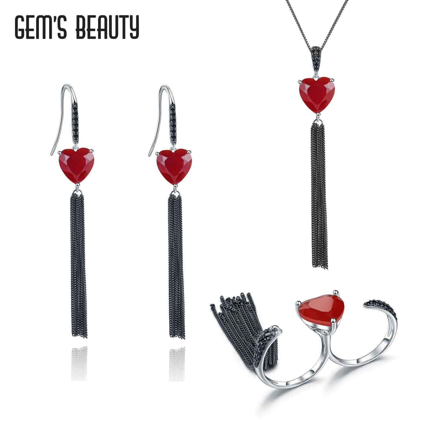 

Gem's Beauty Real 925 Sterling Silver Jewelry Set With Tassel Heart Red Agate Ring Pendant Necklace Double Finger Ring For Women