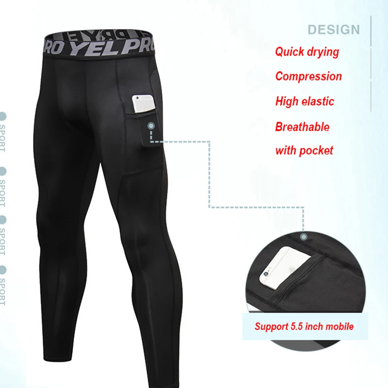 Quick Dry Elastic Compression Running Tights Men with Pocket Gym Fitness Trousers Workout Leggings Sportswear Pants Customized