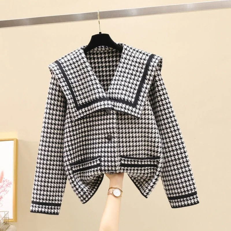 Sweater Jacket Female Autumn And Winter New 2023 Houndstooth Navy Collar Loose Mink Velvet Knitted Cardigan Fashion Casual