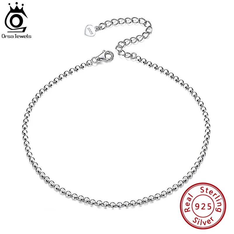 ORSA JEWELS 925 Sterling Silver Flat Beads Chain Ankle Bracelet for Women Fashion Beach Barefoot Anklets Chain Jewelry SA13