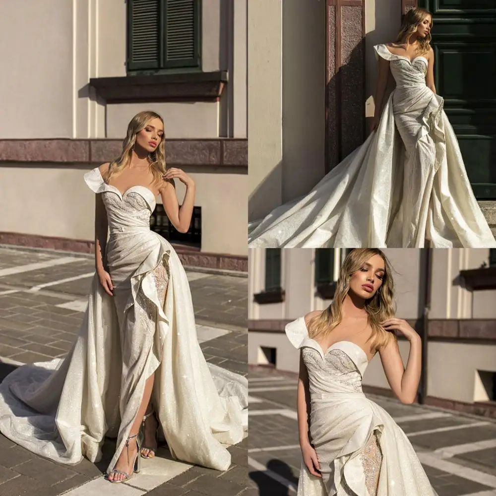 

Luxurious Mermaid Wedding Dresses With Detachable Train One Shoulder Beads High Split Wedding Dress Cathedral Vestidos De Novia