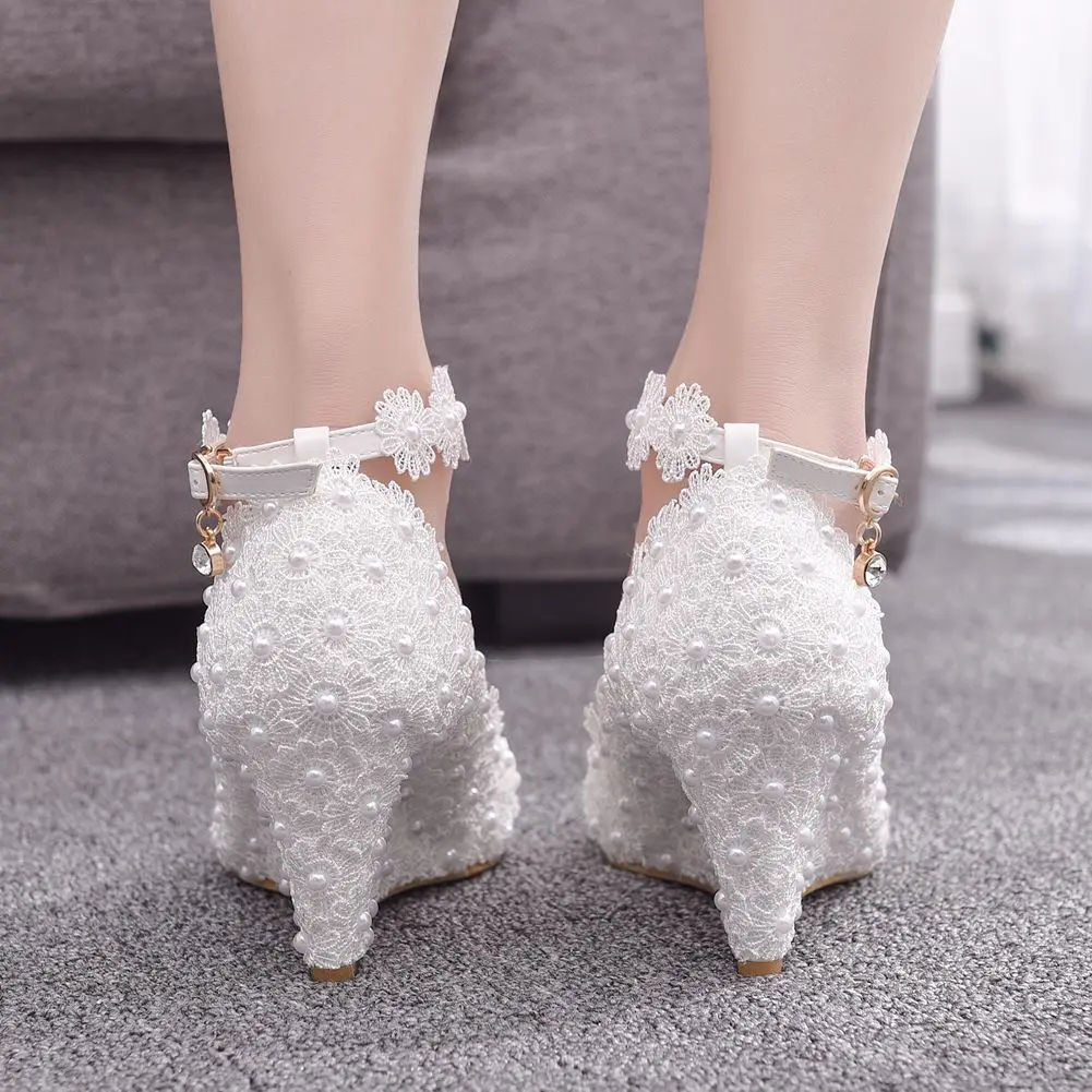 Fashion pink white wedges wedding pumps sweet white flower lace pearl platform pump shoes bride dress high heels Women\'s sandals