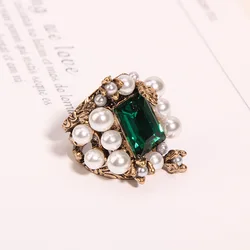 Vintage Simulated Pearl Finger Rings for Women Crystal Green Stone Jewelry