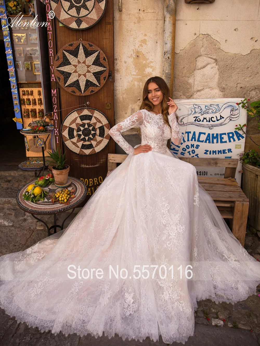 Alonlivn Elegant Appliques Lace Bride Dresses Floor-Length Full Sleeves Backless Wedding Gowns