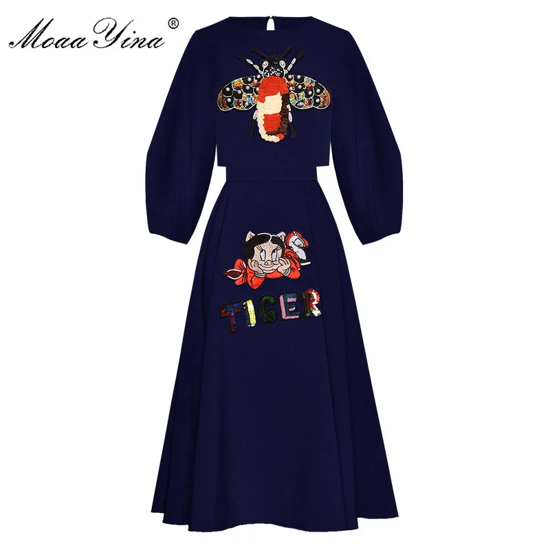 MoaaYina Fashion Designer Suit Spring Autumn Women Lantern sleeve insect Embroidery Sequin Short Tops+Skirt Two-piece set