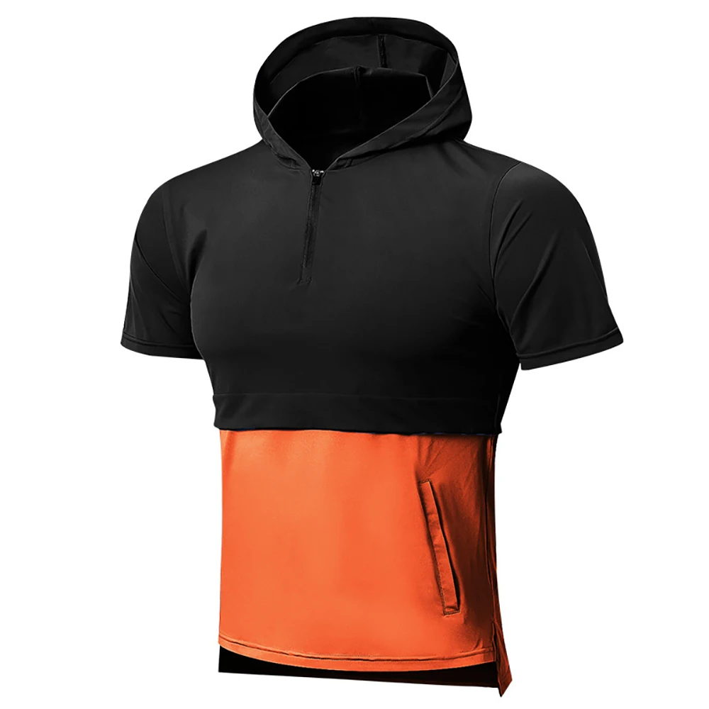 

Men Hooded T-shirt Dry Fit Contrast T Shirt Fitness Gym Clothing Running Bodybuilding Jogging Sportswear Rash Guard MMA