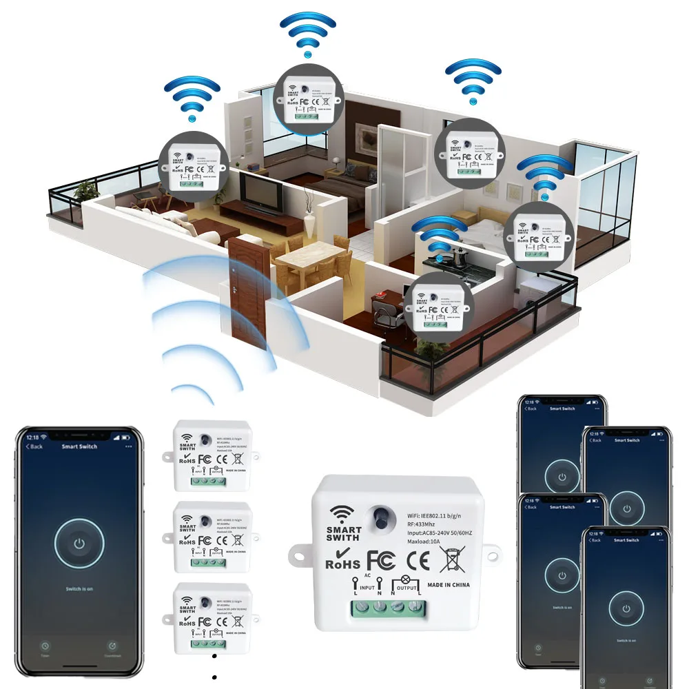 433Mhz รีโมทคอนโทรลไร้สาย AC220V WIFI Mini Light RF รีเลย์โมดูลทำงานร่วมกับ Tuya Smart Life APP Google home